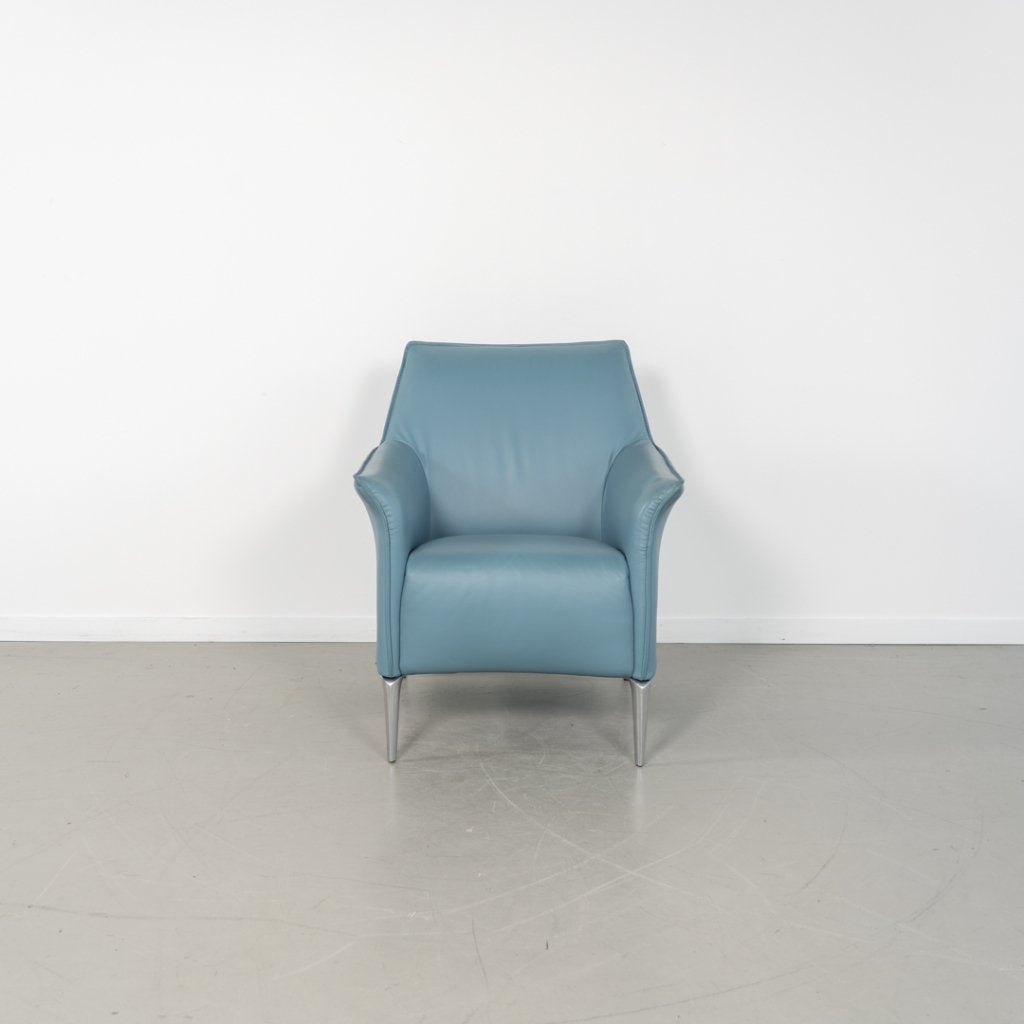 1x Leolux Mayuro Fauteuil Lichtblauw Leer - Chroom, Huis en Inrichting, Fauteuils, Niet ingevuld, Minder dan 75 cm, Niet ingevuld