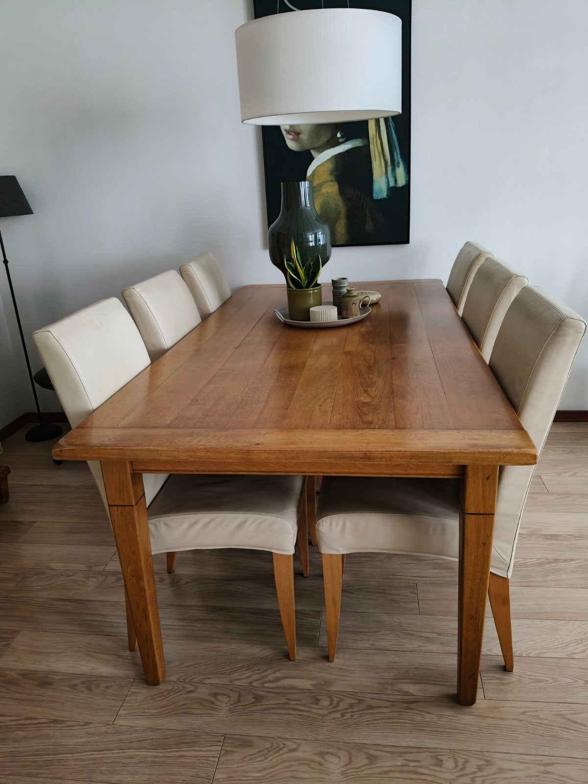 eettafel en 6 leren eetkamerstoelen, Ophalen, Gebruikt, 4 tot 6 stoelen