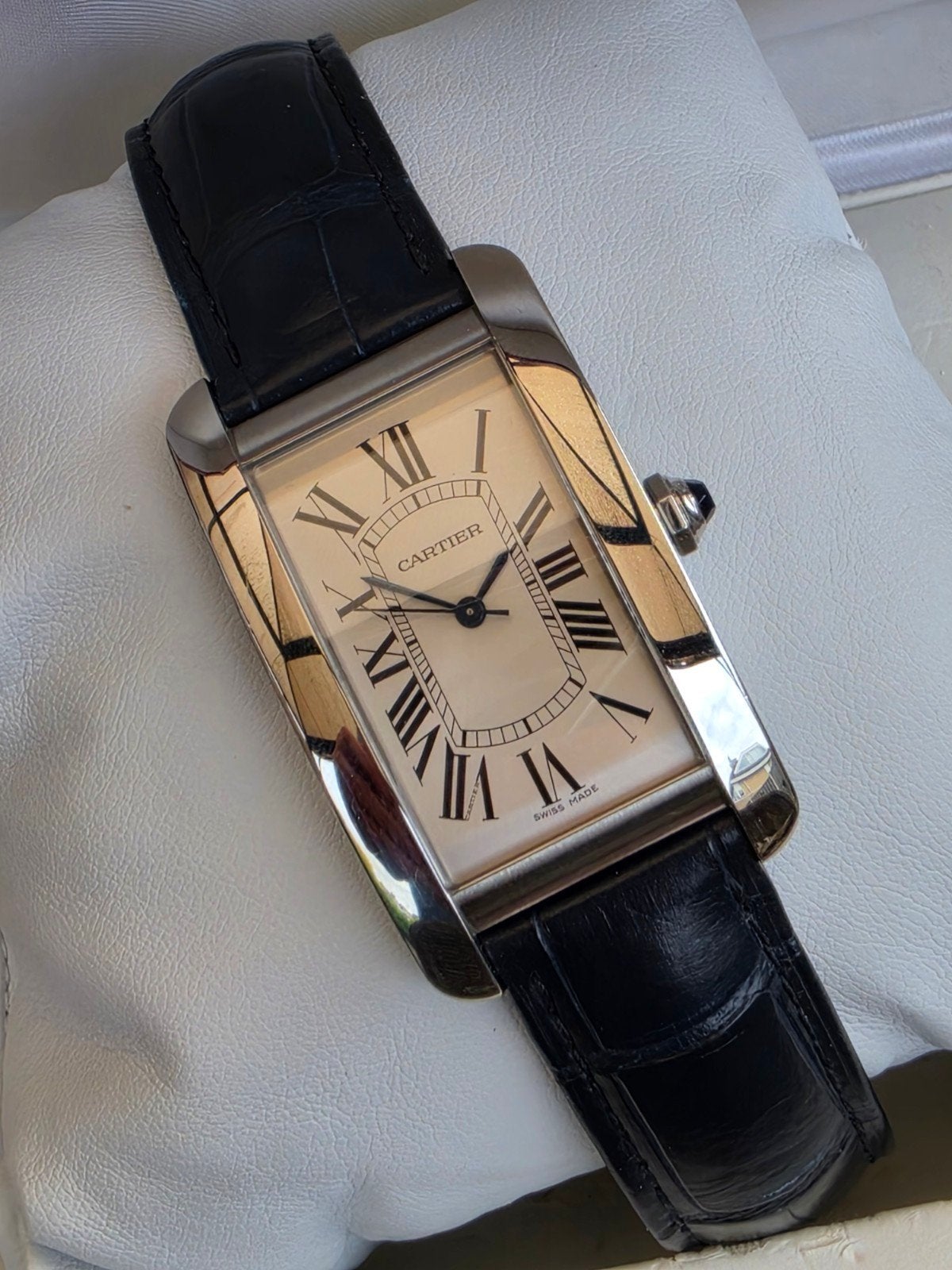 Cartier Tank Americaine automaat ref 3972, Leer, Staal, Polshorloge, Ophalen of Verzenden