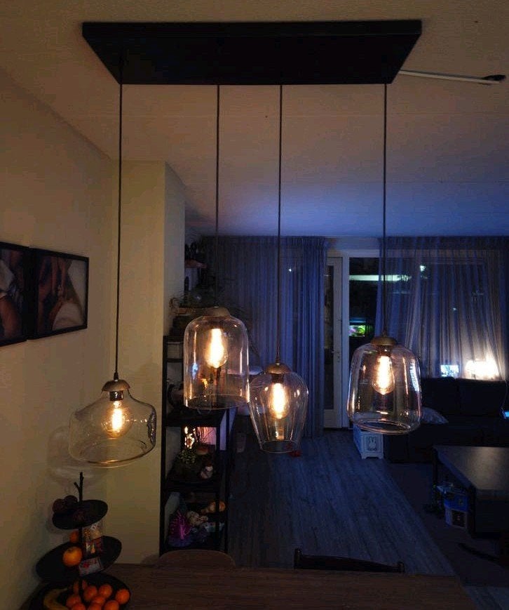 Industriële hanglamp met 4 glazen bollen en Philips lampen, Ophalen, Gebruikt, E27 (groot), Glas