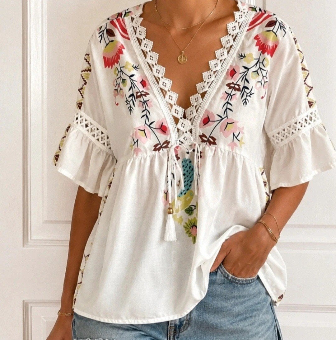 Mooi Ibiza shirtje met broderie, maat S (label M), Wit, Ophalen of Verzenden, Korte mouw, Maat 36 (S)
