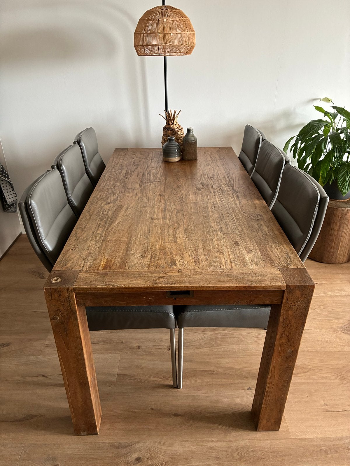 Eetkamertafel met 6 leren stoelen, Ophalen, Gebruikt, 50 tot 100 cm, Vijf personen of meer