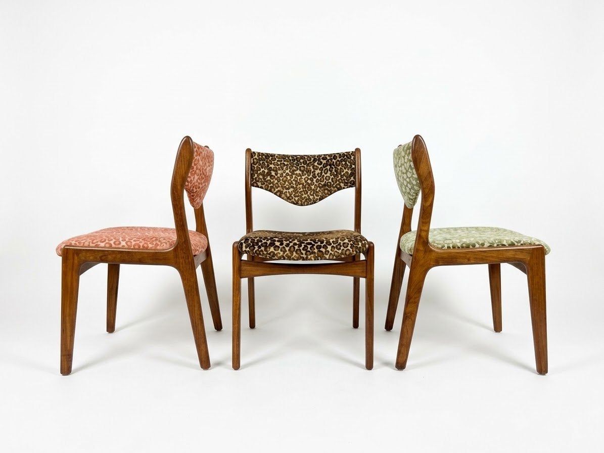 Vintage Mahjongg stoelen teakhout panterprint nieuwe stof, Huis en Inrichting, Mahjongg, Bruin, ., Vintage
