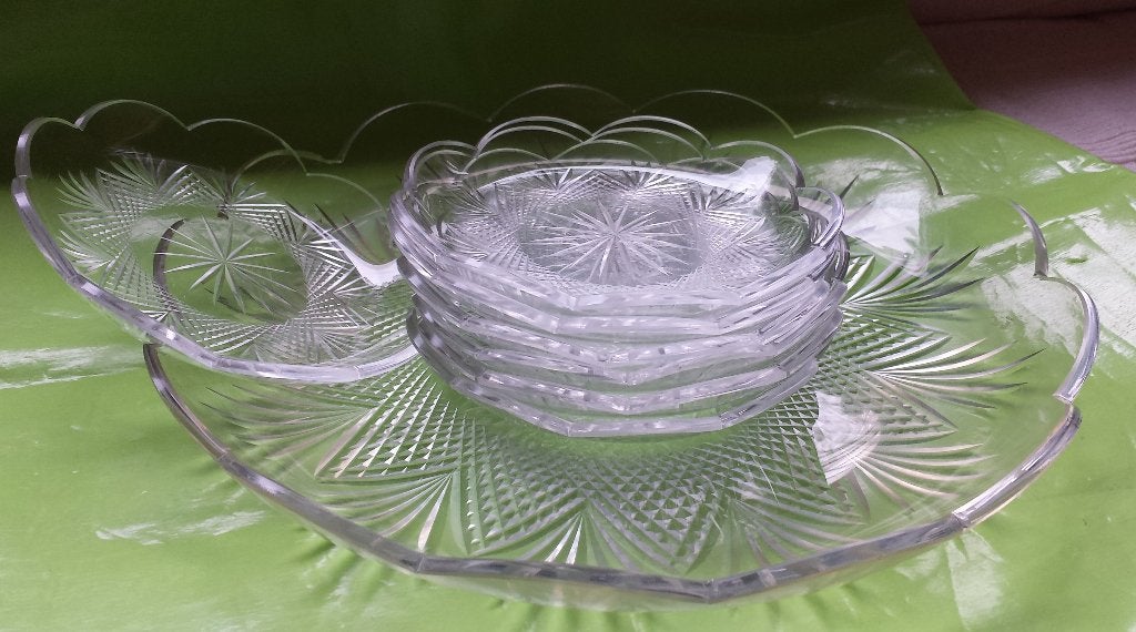 6 kristallen gebakschoteltjes met gebakschaal, Antiek en Kunst, Ophalen of Verzenden
