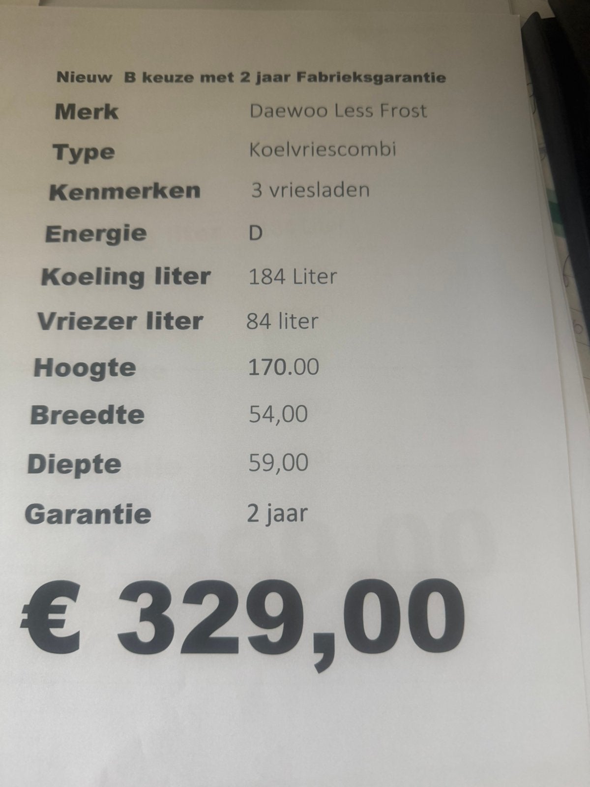 Daewoo koelvriescombinatie 170 hoog less frost nieuw, Witgoed en Apparatuur, Ophalen, Vestel, 200 liter of meer, Met aparte vriezer