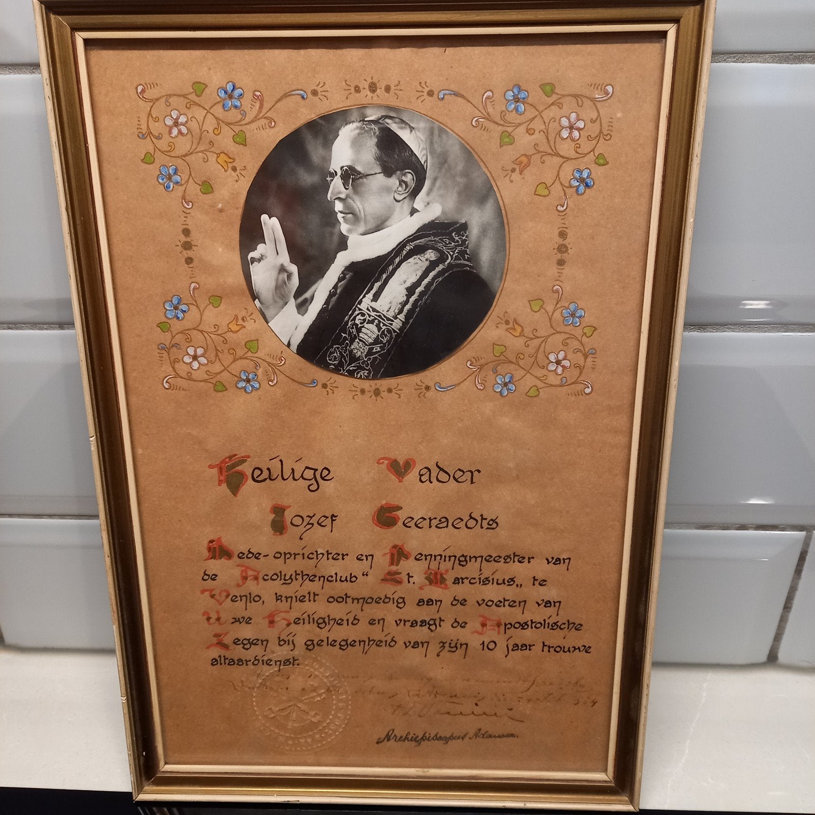 Antieke Apostolische Zegen Paus Pius XII – Acolytenclub Venl, Antiek en Kunst, Ophalen of Verzenden