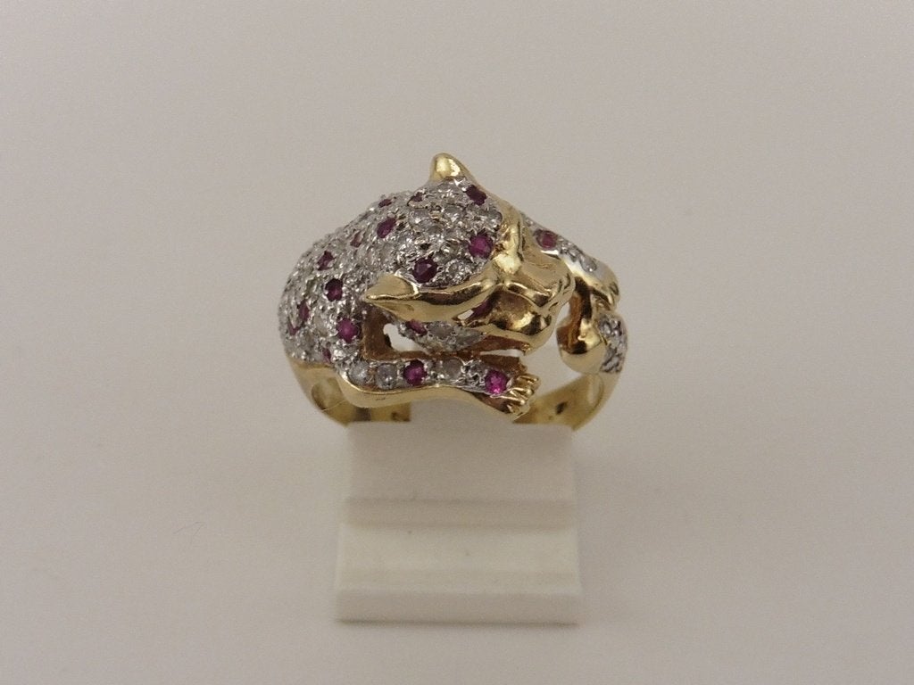 Gouden panter ring met robijn en briljant               VDH1, Gebruikt, Overige kleuren, ., Ophalen of Verzenden