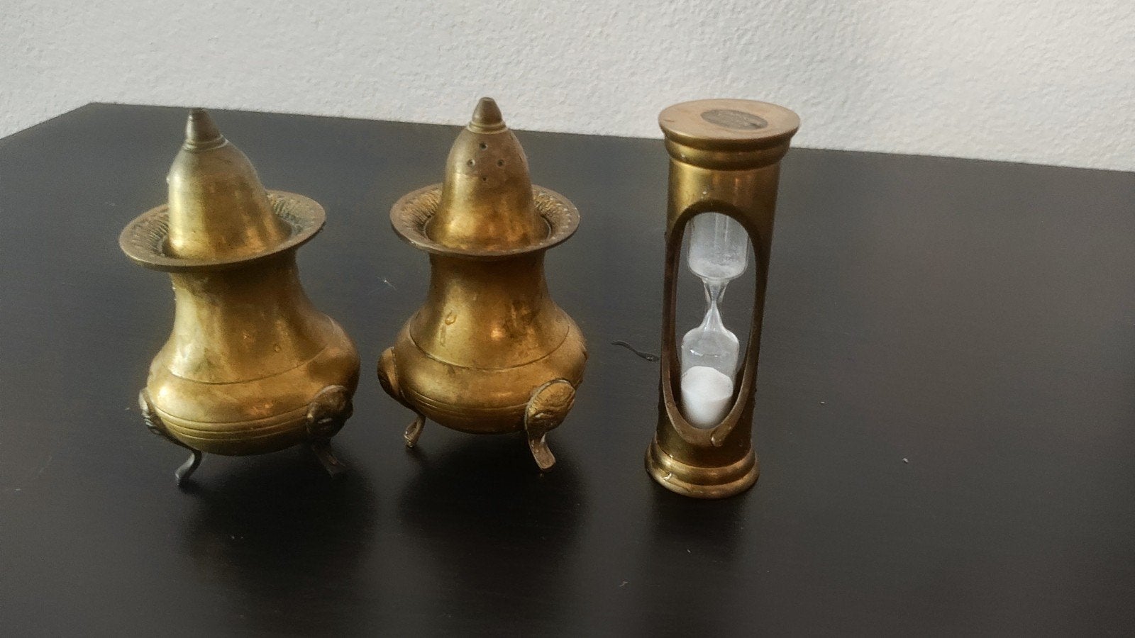 Vintage messing zoutvaatjes en zandloper set, Ophalen of Verzenden