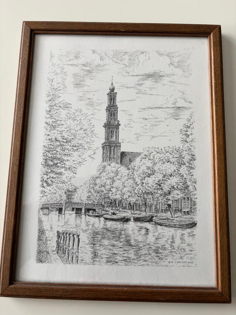 Ingelijste ets van B-J Speudel - Amsterdamse gra/Westertoren, Ophalen of Verzenden