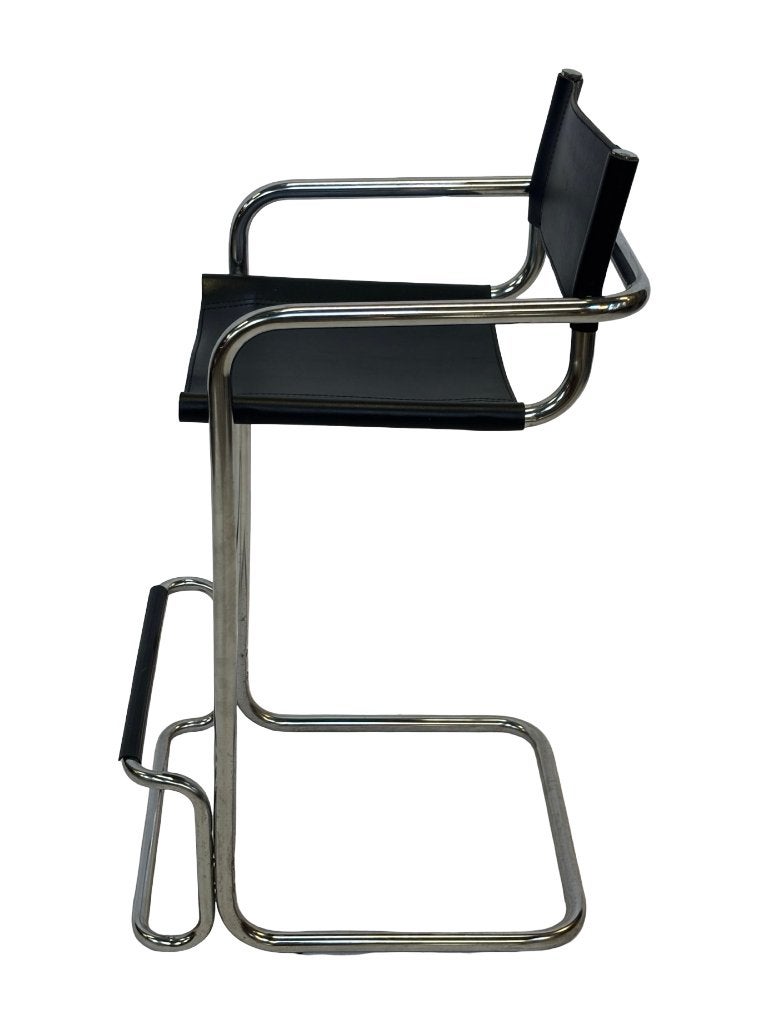 Vintage zwarte leren en chromen Italiaanse moderne barkruk, Gebruikt, Vintage barkruk, Vintage barkruk, Kunststof
