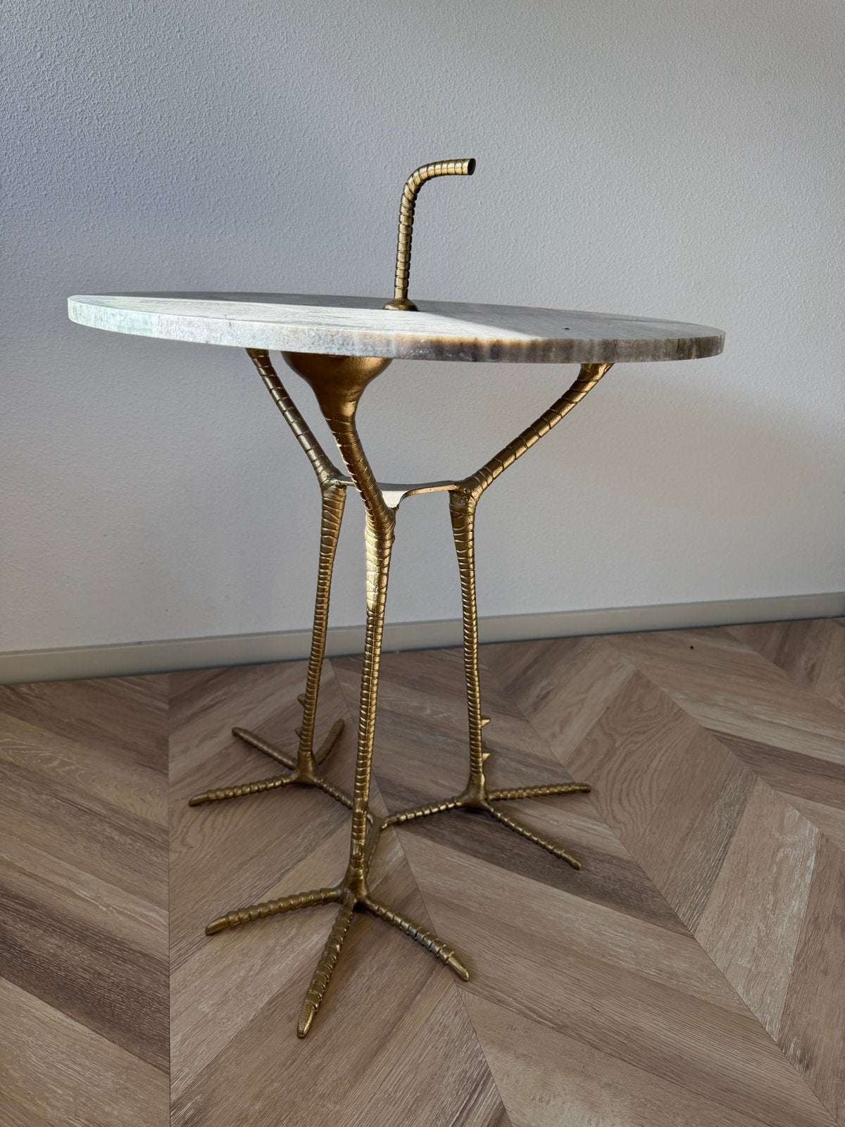 Bijzettafel messing met marmeren blad - 55x57 cm, Gebruikt, Metaal of Aluminium, Rond, 55 tot 75 cm