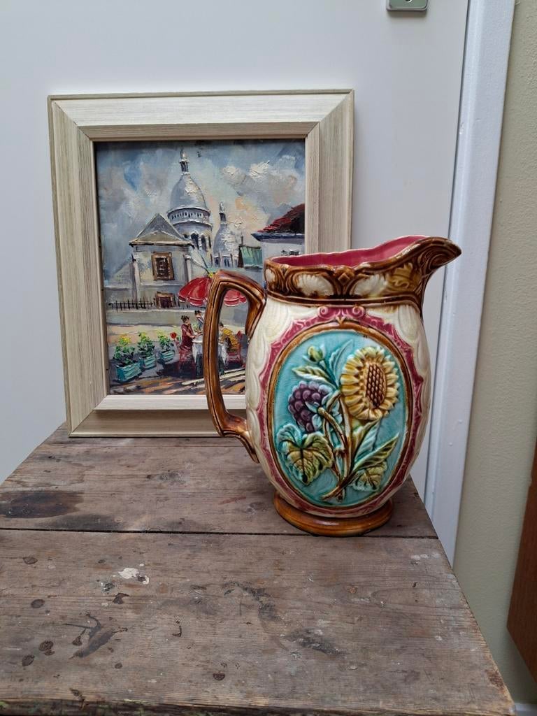 Prachtige Barbotine Majolica Pitcher met Zonnebloem, Antiek en Kunst, Curiosa en Brocante, Ophalen of Verzenden