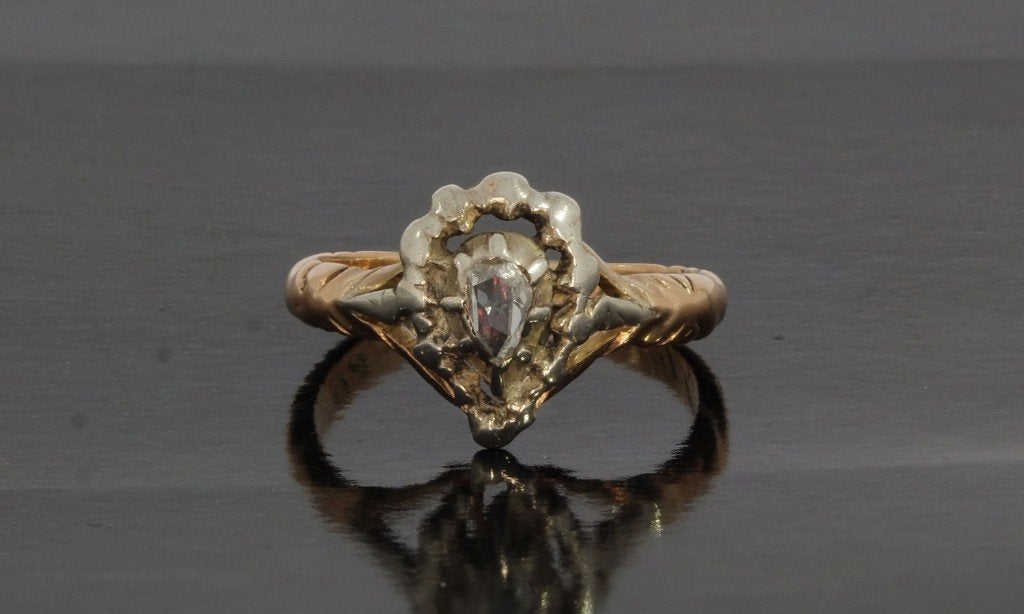 Diamant antieke ring 14k goud dames peer geslepen fraai, Ophalen of Verzenden, Goud, Ring, Met edelsteen