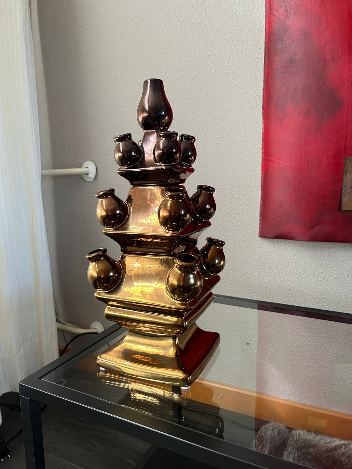 Heinen Delfts BlauwTulpenvaas - 3-delig - goud/brons, Ophalen of Verzenden
