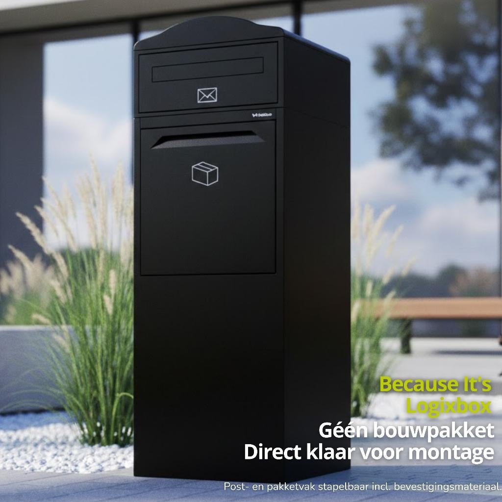 Logixbox - Pakketbrievenbus - Complete set - Zwart -- ACTIE, Tuin en Terras, Brievenbussen, Ophalen of Verzenden, Nieuw, Staal