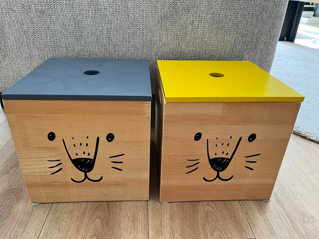 2 Houten Kubussen met Deksel  - Speelgoed/Nachtkastje, Ophalen, Gebruikt, Overige typen
