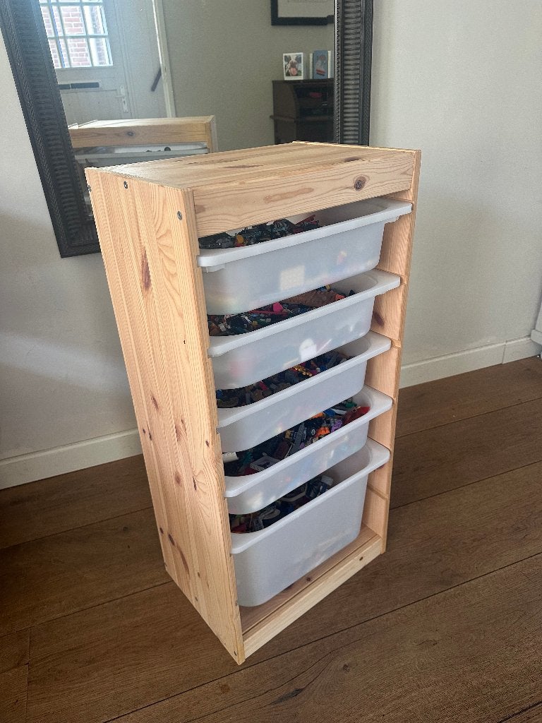 Houten opbergkast met 5 bakken vol LEGO en Playmobil, Ophalen, Gebruikt, Lego, Losse stenen