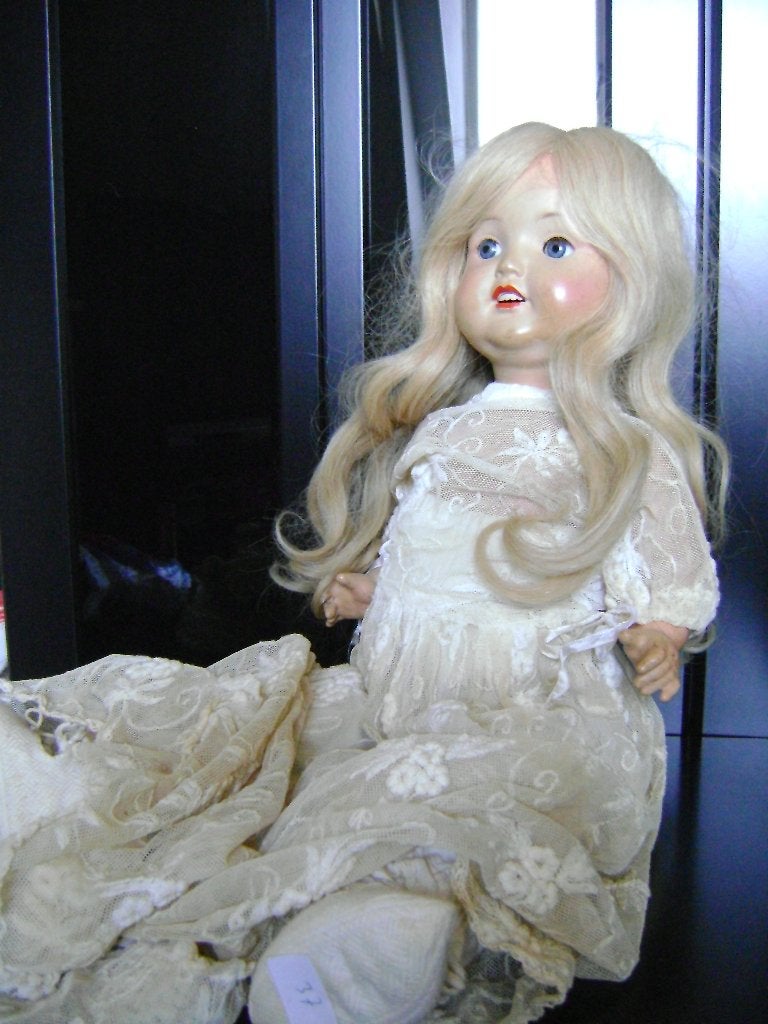 Antieke pop 1930-1950, 60cm, slaapogen, Duitse pruik, Ophalen of Verzenden, Gebruikt, Pop
