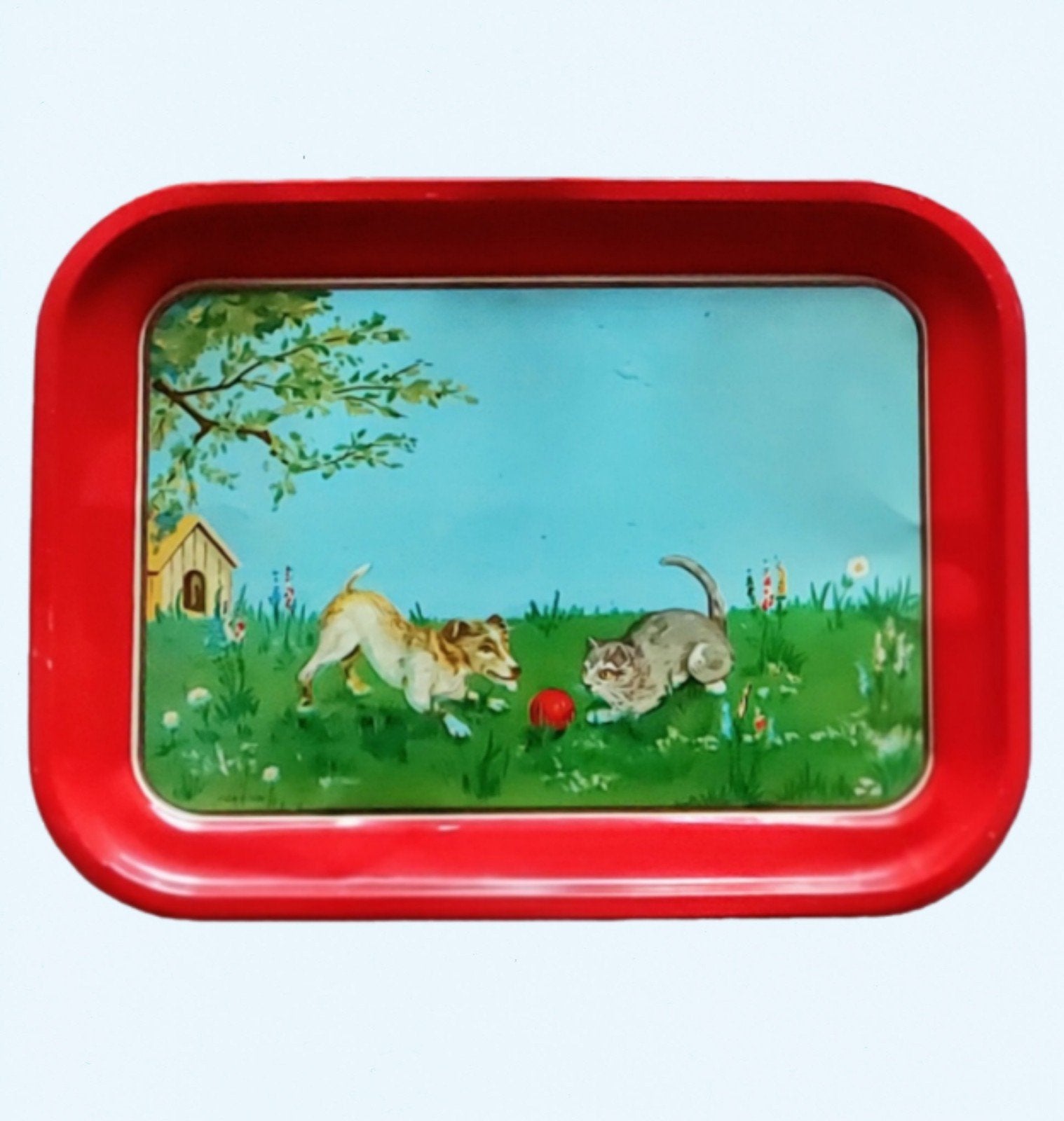 Blikken dienblad jaren 50 kat & hond antiek vintage, Antiek en Kunst, Ophalen of Verzenden