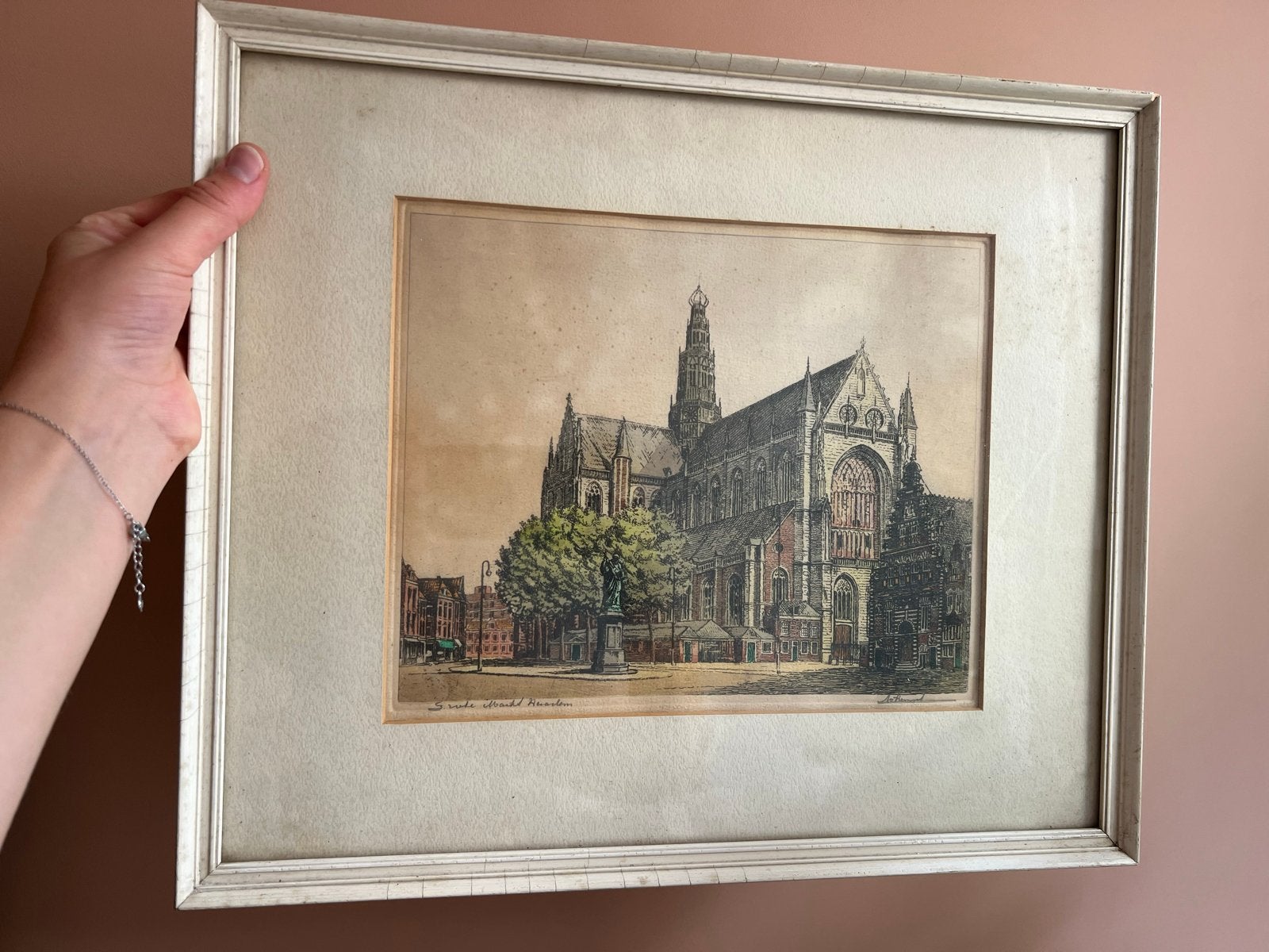 Oude ets van de Sint-Bavokerk in Haarlem, gesigneerd, Ophalen, Ets, Stadsgezicht, Gesigneerd
