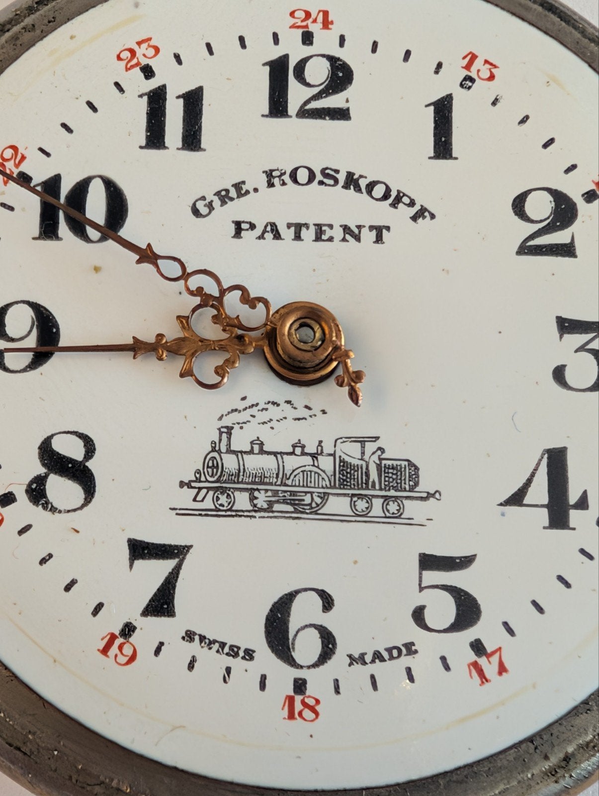 Antiek Gre. Roskopf Patent Zakhorloge met Trein Afbeelding, Overige merken, Overige materialen, Zakhorloge, Ophalen of Verzenden
