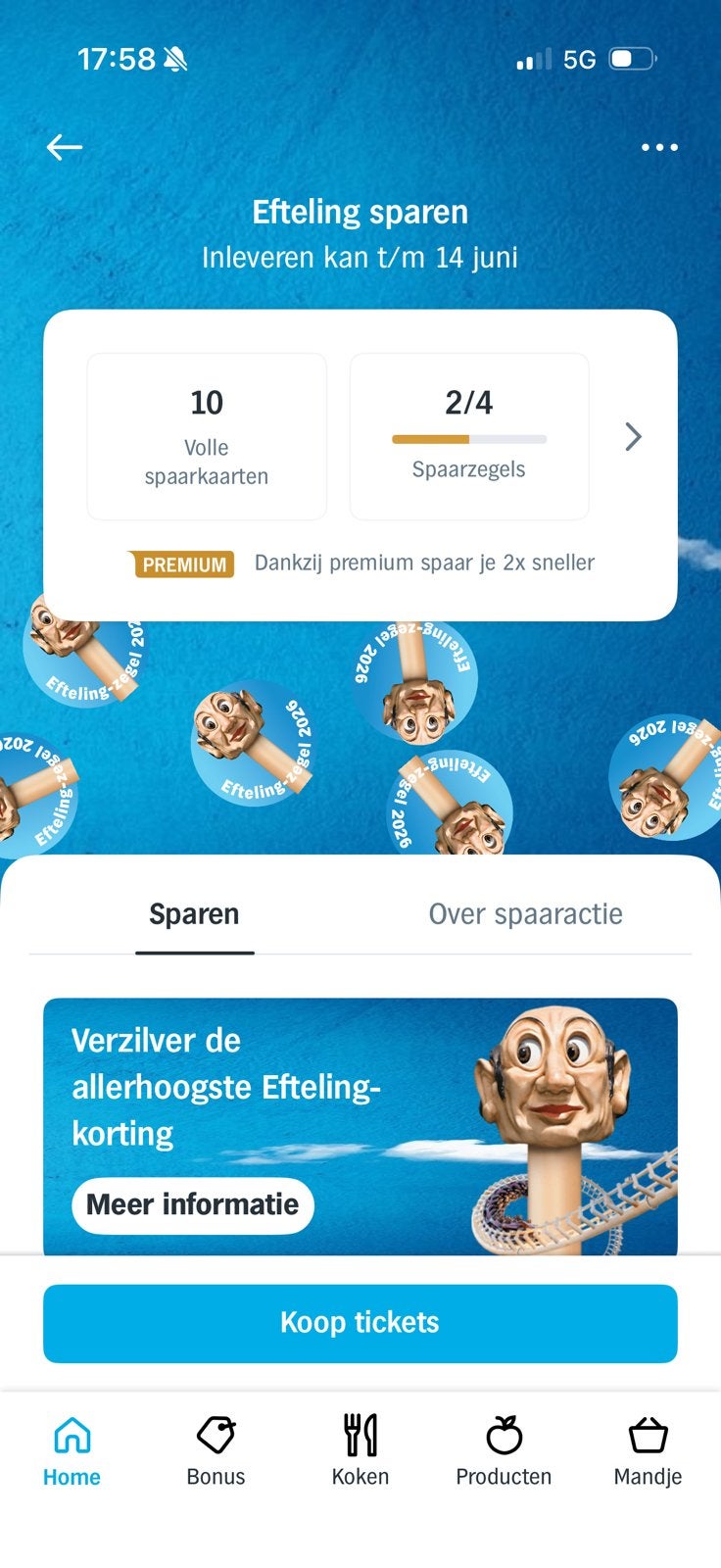 Efteling spaarkaart AH €0,50 volle kaart, Eén persoon, Kortingskaart