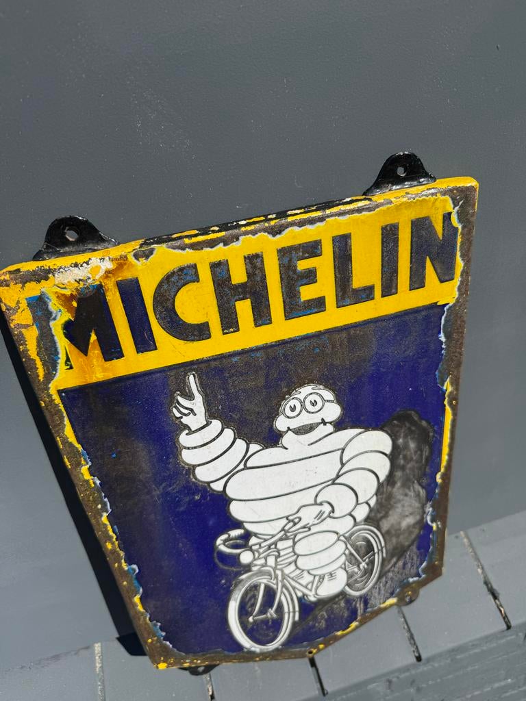 Vintage Michelin Emaille Bord - Bibendum op Fiets, Ophalen of Verzenden