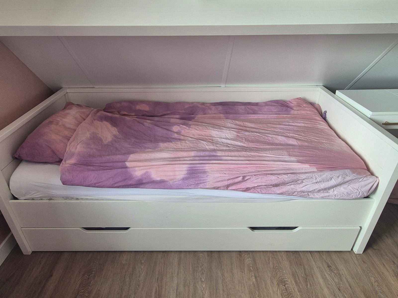 Wit bed met opbergladen - woood bed, Huis en Inrichting, Slaapkamer | Bedden, 90 cm, Eenpersoons, Wit, Ophalen of Verzenden