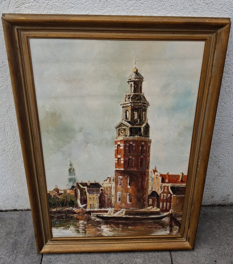 Montelbaanstoren Amsterdam, Antiek en Kunst, Kunst | Schilderijen | Klassiek, Ophalen, Doek, Handgeschilderd, Olieverf