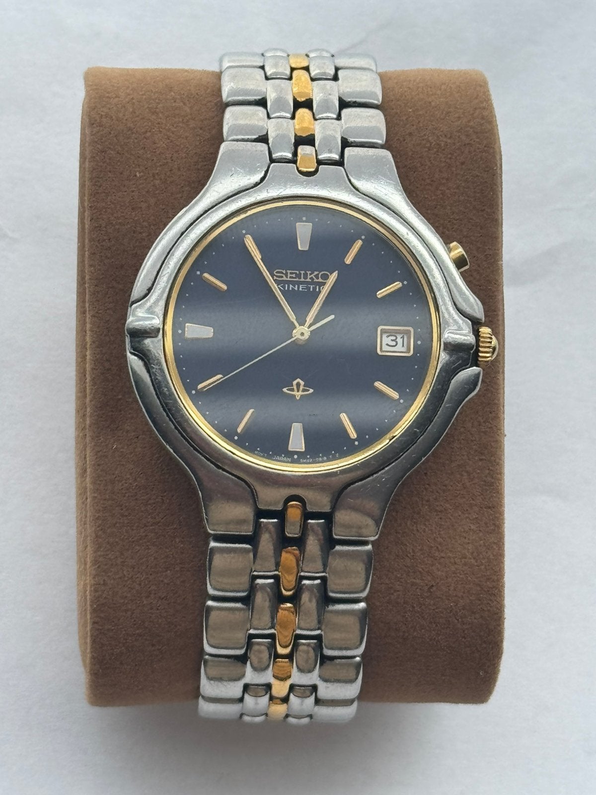 Seiko Kinetic 5M42 – Bicolor – Blauwe wijzerplaat –, Ophalen of Verzenden, Staal, Seiko, 1960 of later