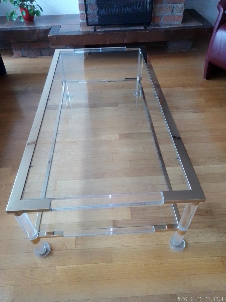 Glazen met bladgoud versierde salon tafel 2 laags, Ophalen, Glas, Gebruikt, 50 tot 100 cm