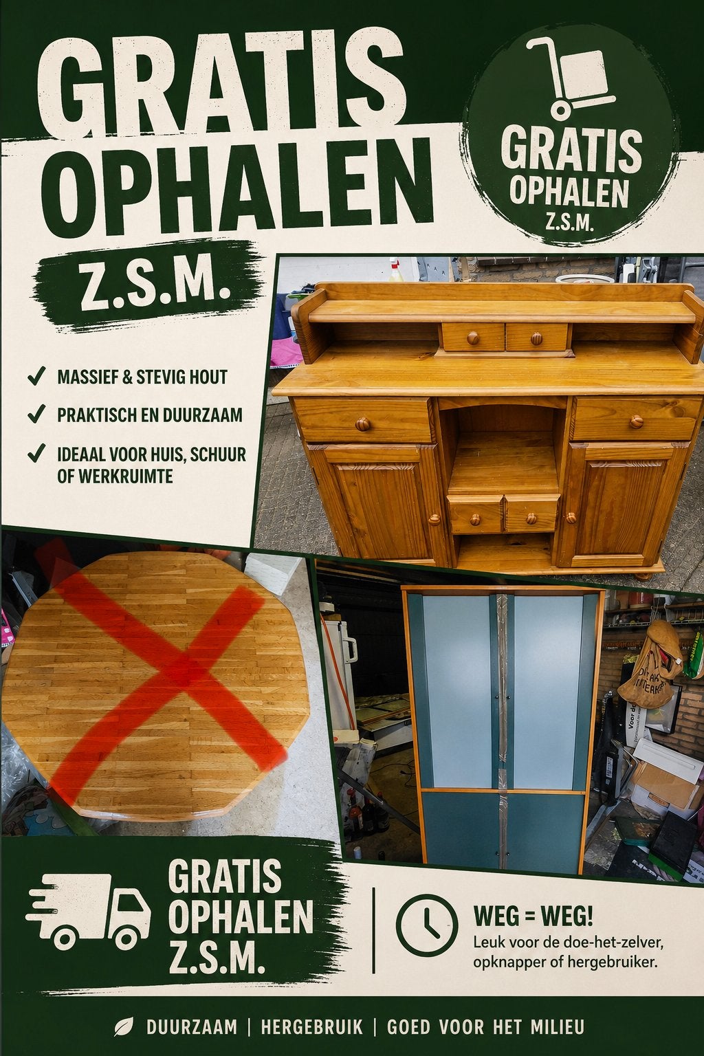 SPOED!!! Gratis Massief houten meubels, Ophalen, Gebruikt