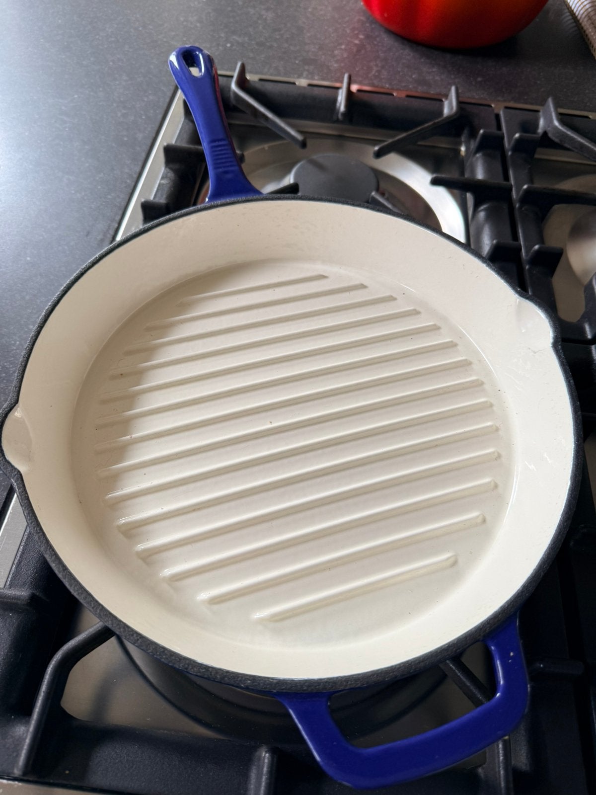 Gietijzeren grilpan 28cm hairy biker nieuw blauw  Emaille, Ophalen, Koekenpan, Gietijzer, Met schenktuit