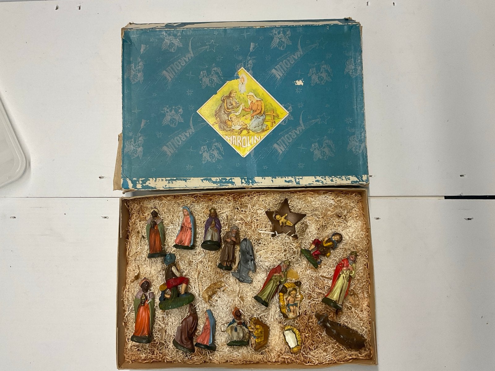 Vintage Marolin Kerststal Beelden Set - Compleet, Ophalen of Verzenden, Gebruikt, Beeld(je), Christendom | Katholiek