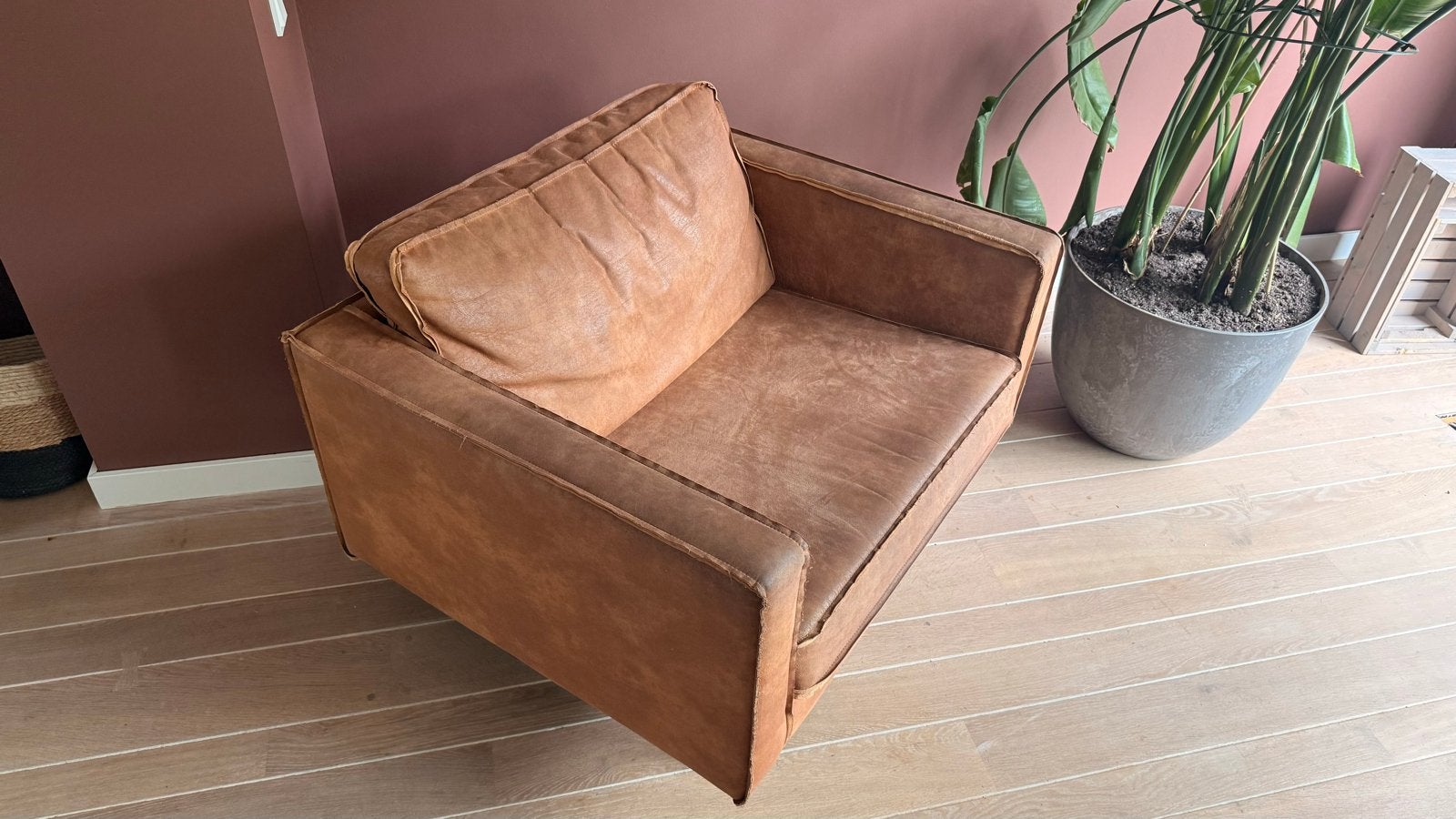 Comfortabele cognac leren fauteuil / loveseat, Ophalen, Gebruikt, Leer, 75 tot 100 cm