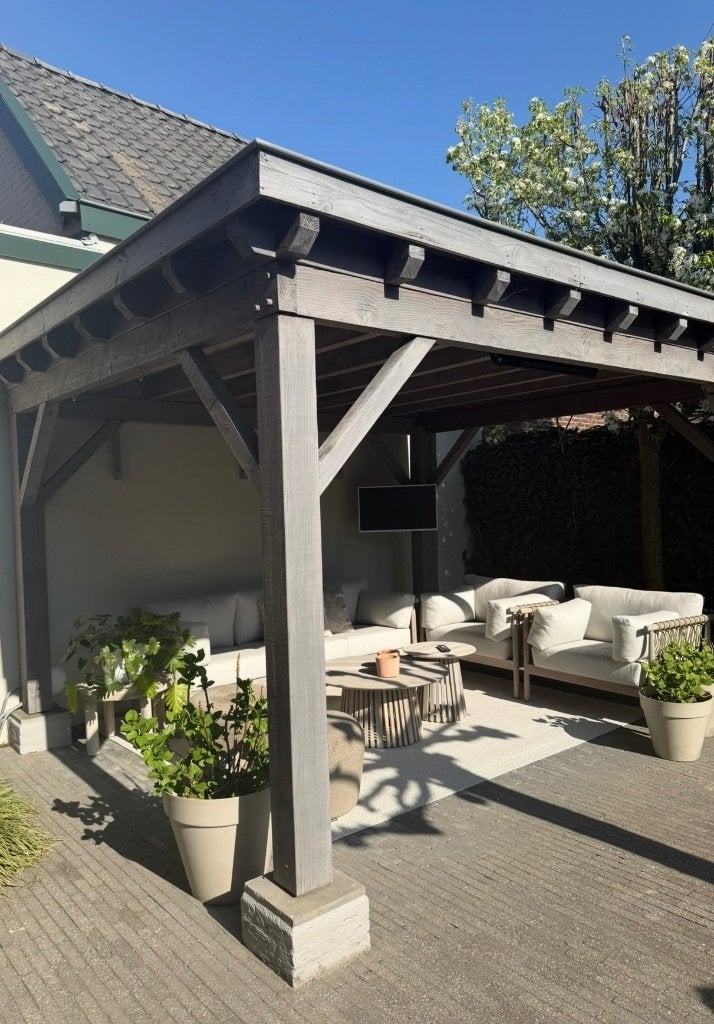 Douglas houten tuinpaviljoen 4 x 3 m incl. warmtelamp & tv, Ophalen, Gebruikt, Tuinpaviljoen
