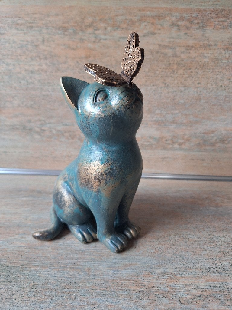 Decoratief Kattenbeeldje met Vlinder - Vintage Stijl, Ophalen, Groen, Kunststof, Zo goed als nieuw