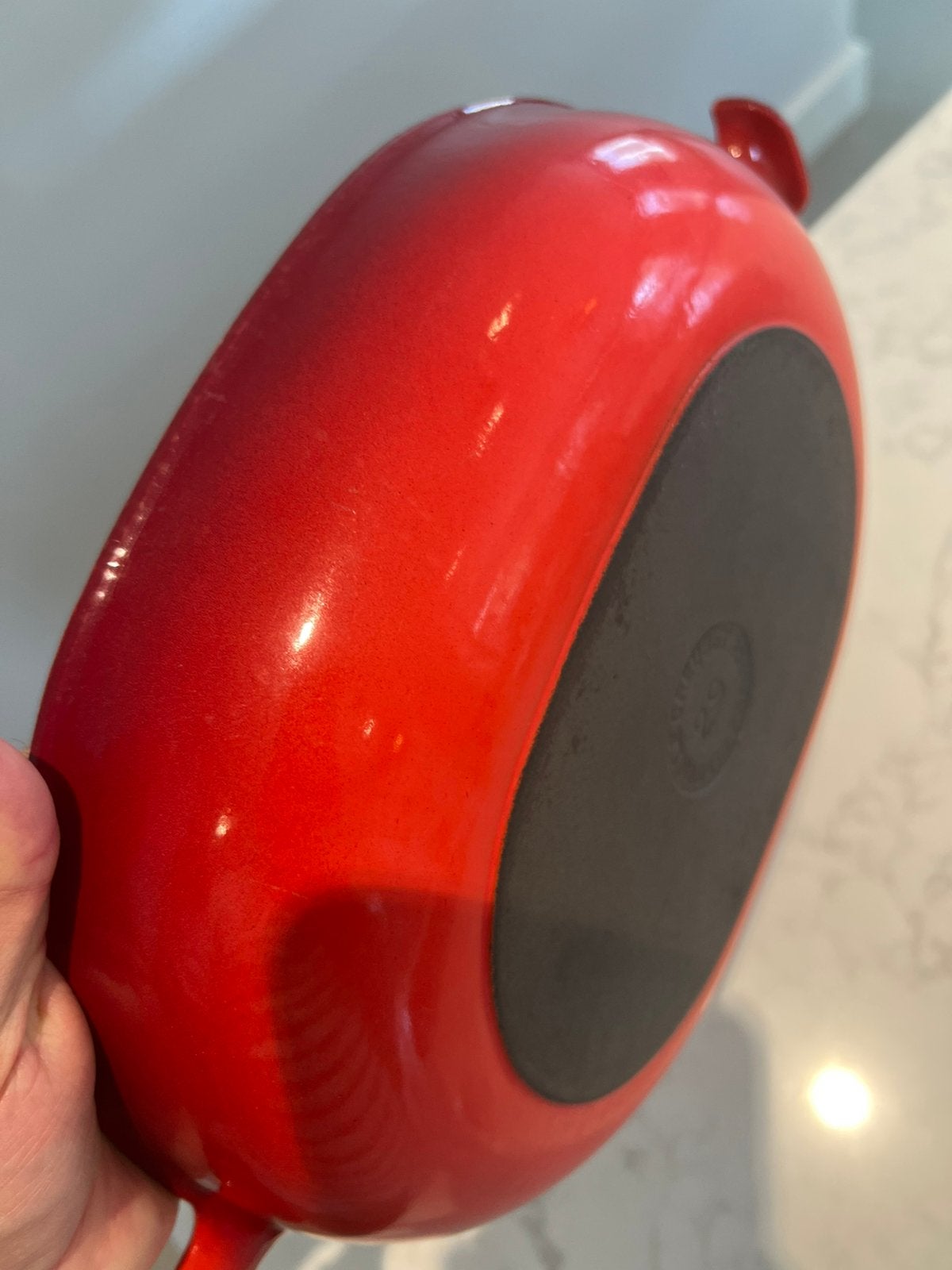 Le Creuset La Mama 29 cm ovenschaal Cerise in goede staat, Gietijzer, Overige typen, Le Creuset, Ophalen of Verzenden
