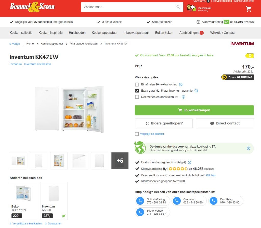 Koelkast Inventum KK471W tafelmodel (3 jr oud), 75 tot 100 liter, 45 tot 60 cm, Ophalen, 85 tot 120 cm