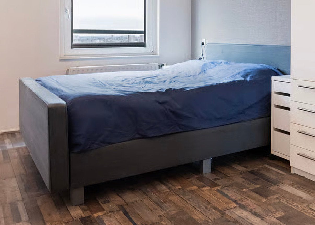 Grijze boxspring, Ophalen, Gebruikt, Tweepersoons, 180 cm