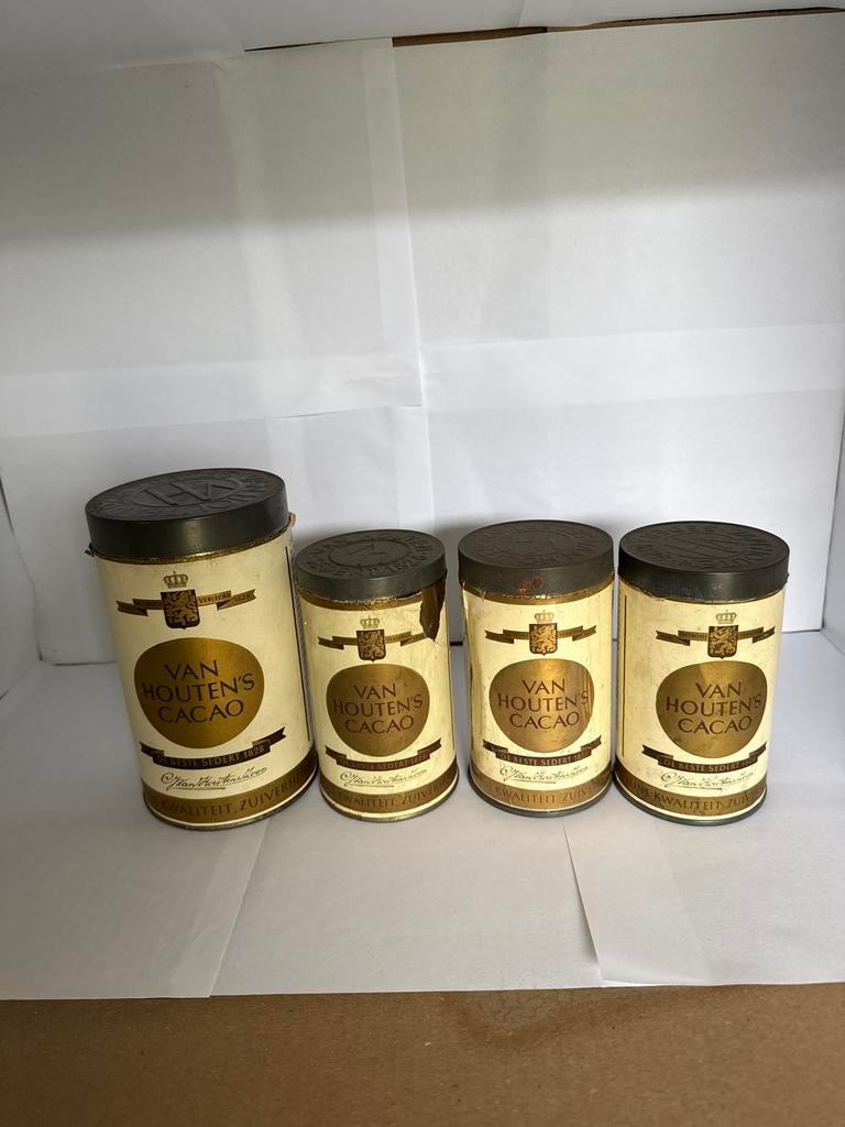 4 blikken Van Houten's Cacao, Verzamelen, Blikken, Ophalen of Verzenden, Gebruikt, Overige, Overige merken