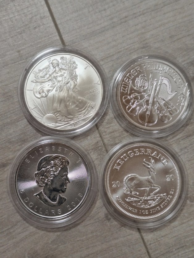 4x 1 Oz Zilveren Munten – Maple Leaf, Krugerrand, Ophalen of Verzenden, Losse munt, Zilver