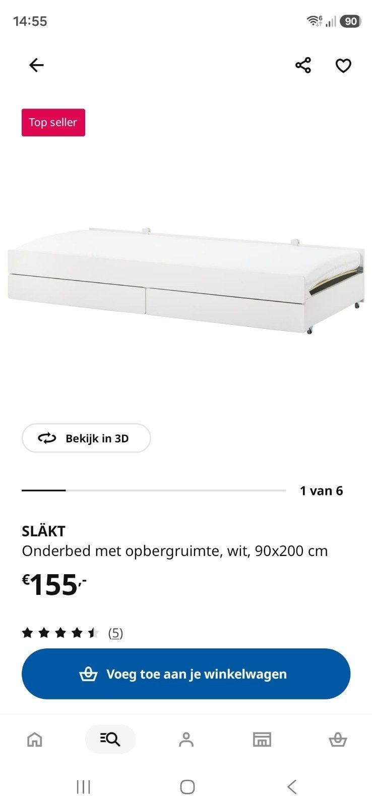 IKEA SLÄKT Onderbed met opbergruimte, wit, 90x200 cm, Ophalen, 90 cm, Eenpersoons, Wit