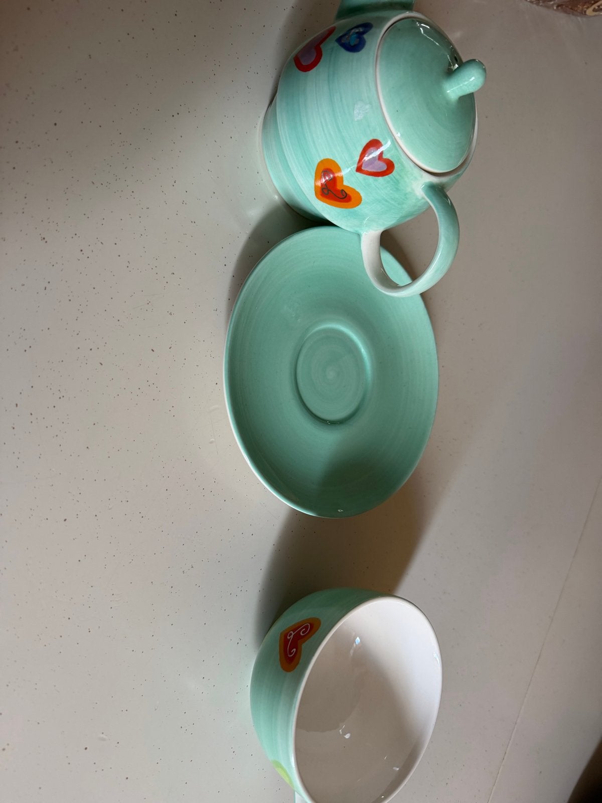 Theepot met kop en schotel, hartjes design, Ophalen, Gebruikt, Overige merken, Keramiek