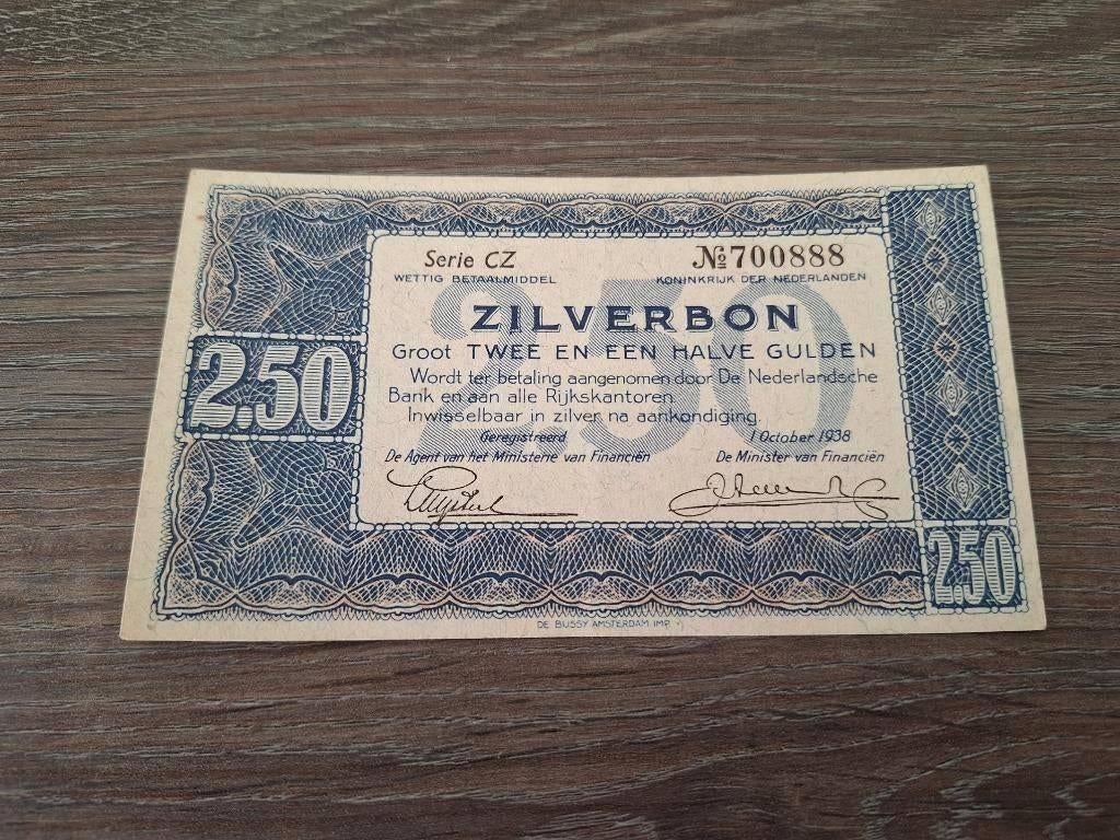Bijna UNC biljet 2,5 gulden 1938, zilverbon, Ophalen of Verzenden, 1 gulden