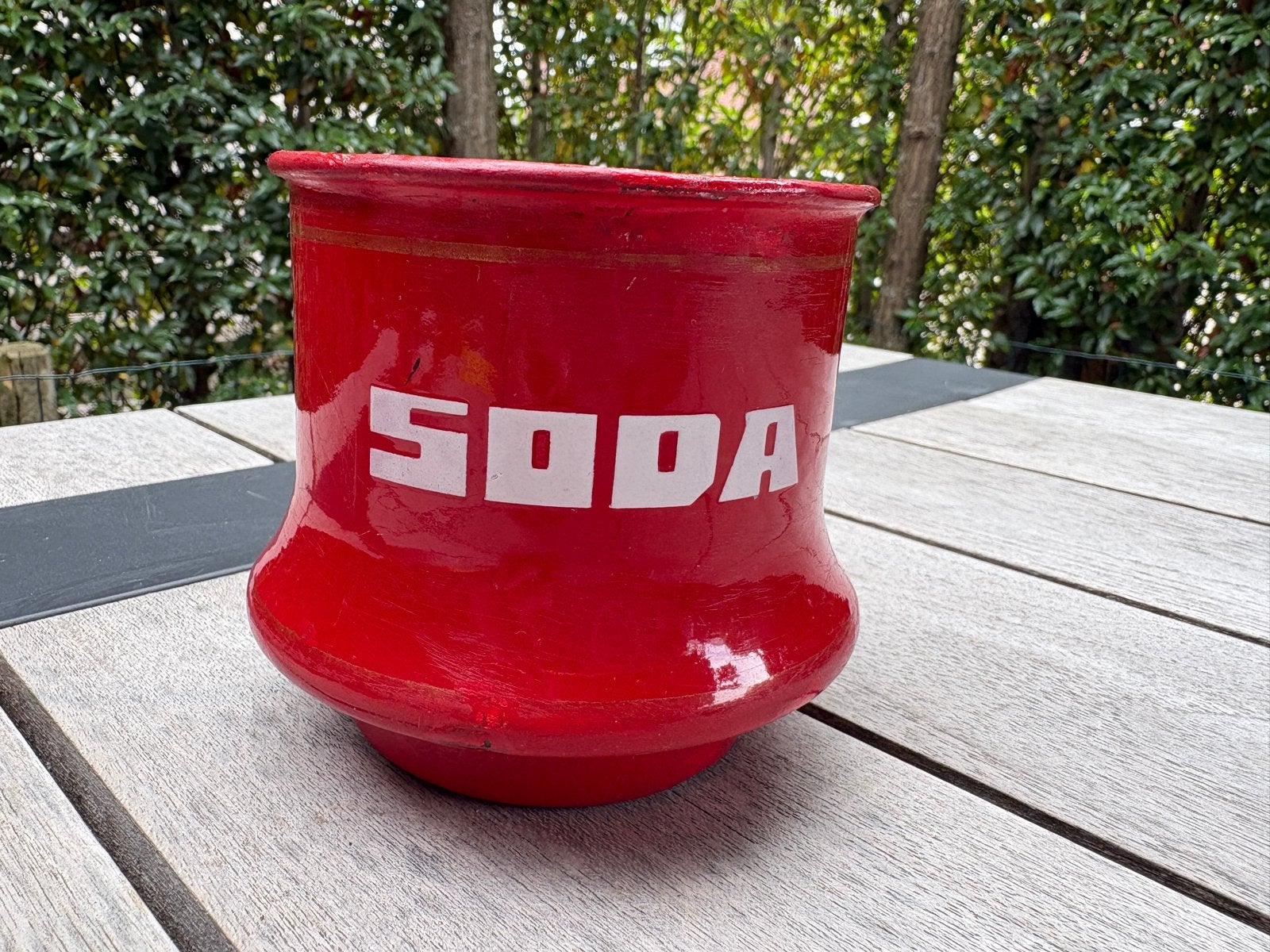 Vintage geëmailleerde SODA bus rood onderdeel zand-zeep-soda, Ophalen of Verzenden