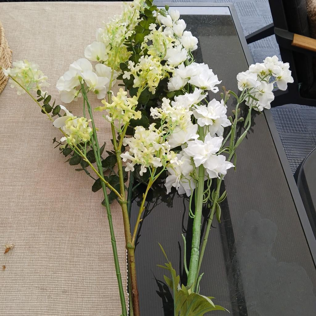 5x Kunstbloemen takken, wit/lichtgroen, ruim 80 cm, Binnen, Kunstbloem, Textiel, Ophalen of Verzenden