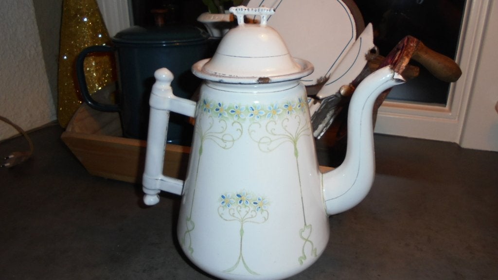 grote emaille koffiekan met lucifer handvat H27cm, Antiek en Kunst, Ophalen