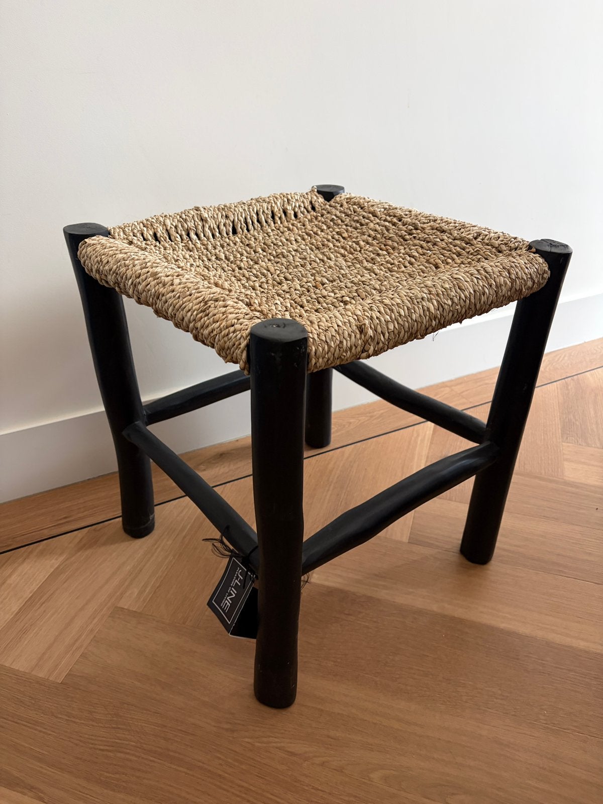 J-Line Kruk Vierkant Teak Hout/Zeegras Zwart/Naturel, Ophalen, Nieuw, Hout
