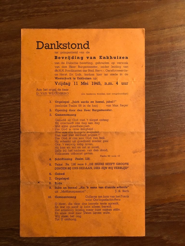 Programma dankstond Bevrijding Enkhuizen 11 Mei 1945, Diverse (Burgemeester, Predikanten, D. van Wilgenburg), Ophalen of Verzenden